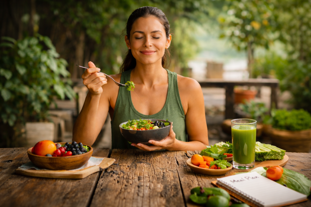 Mindful Eating for Weight Loss with healthy salad and green juice outdoors