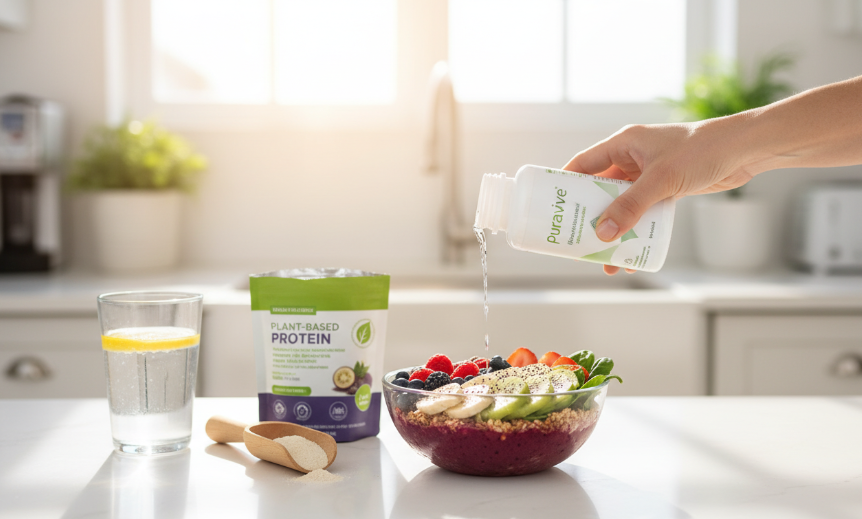 Puravive weight loss solution with a healthy smoothie and morning breakfast for metabolism boost.