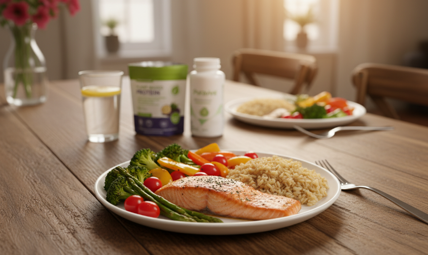 Puravive weight loss solution with a balanced dinner promoting sustainable weight loss.