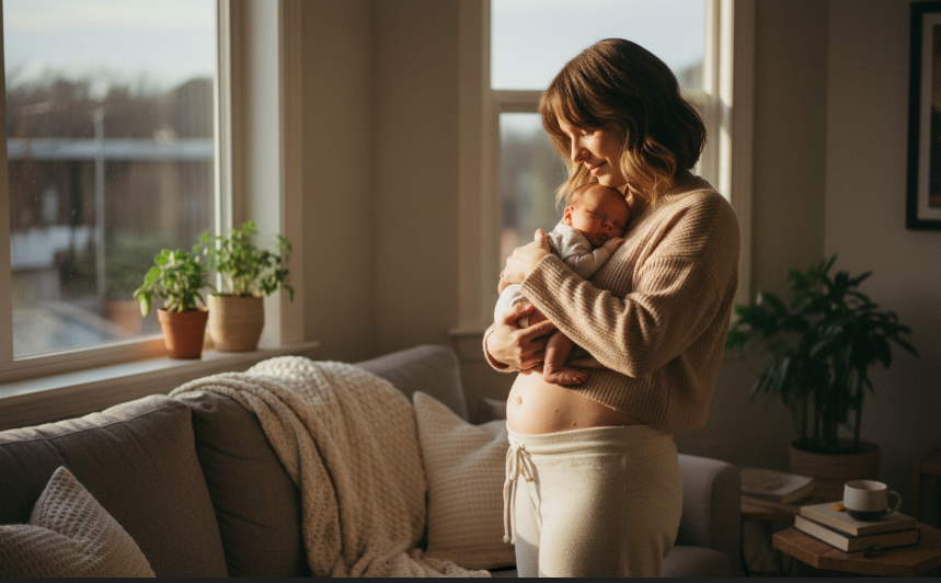 New mother beginning postpartum weight loss journey at home
