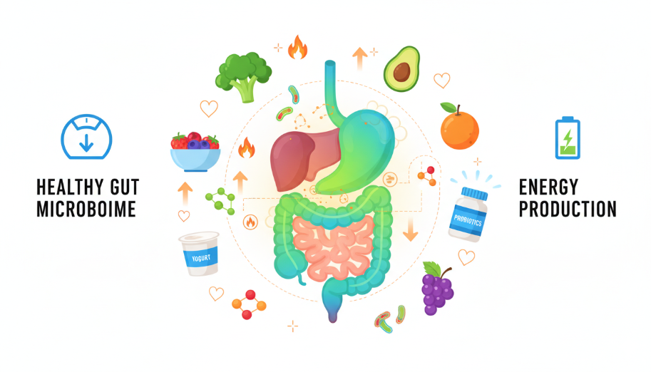 Healthy gut illustration showing probiotics and fat burning with LeanBiome for weight loss focus.