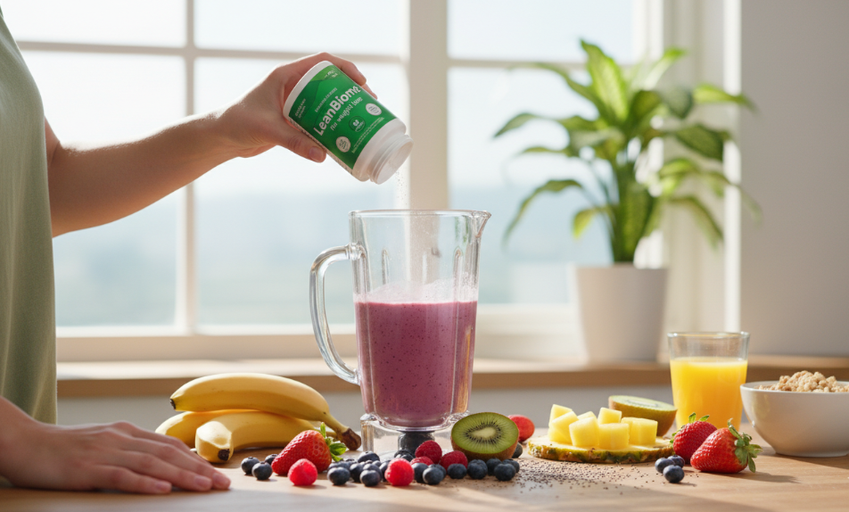 Person adding LeanBiome for weight loss supplement to a morning smoothie in a bright kitchen.