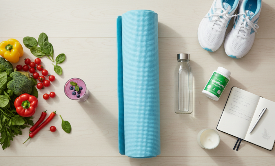 Wellness flat lay with LeanBiome for weight loss supplement, fruits, yoga mat, and water bottle.