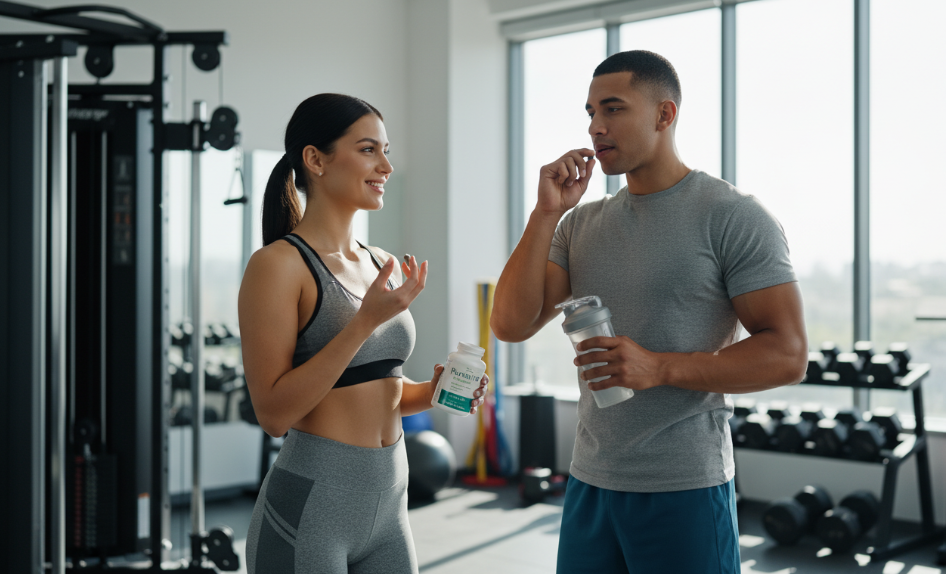 Man and woman energized before gym workout taking Puravive and exercise supplements.