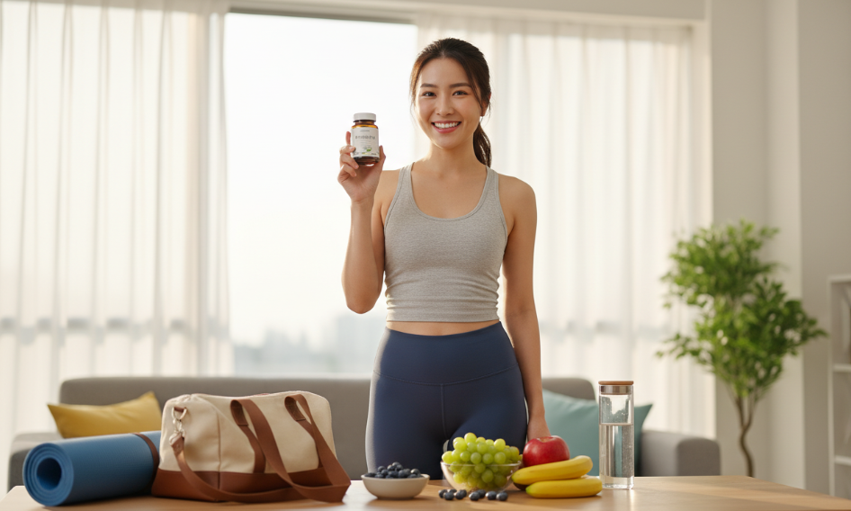 Person holding Puravive and exercise supplement, symbolizing healthy lifestyle and transformation.