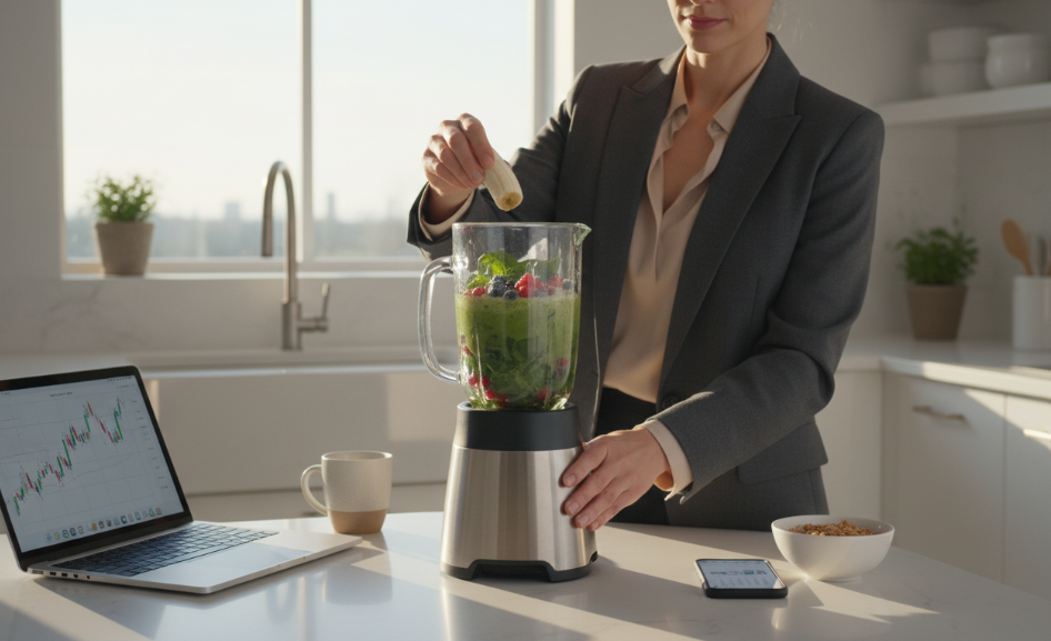 Busy professional making a healthy Smoothie Diet drink in the morning.