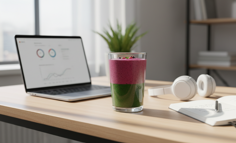 Colorful Smoothie Diet drink on office desk for energy and productivity.