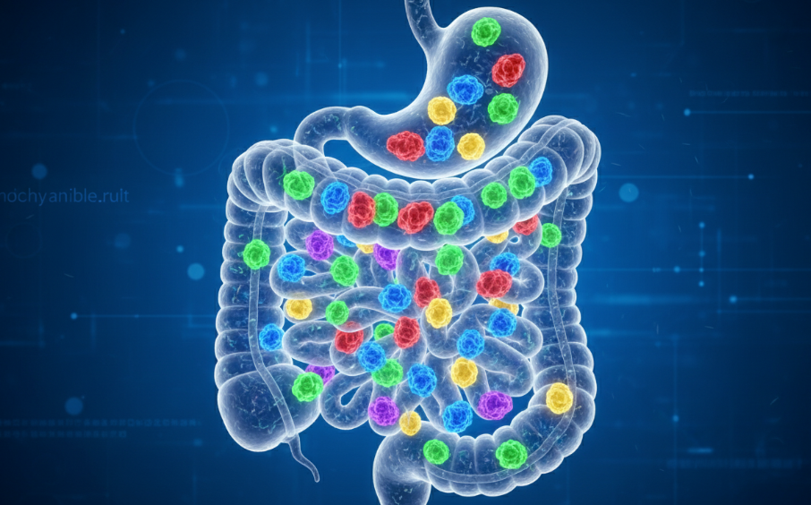 Illustration showing gut microbiome linked to gut health and weight loss.