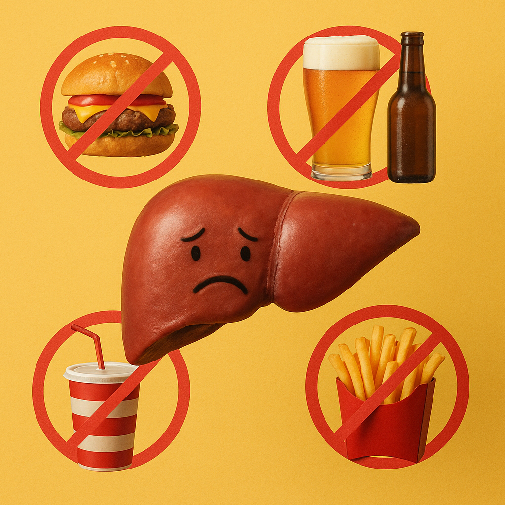 Sad cartoon liver with junk food, alcohol, and soda marked as harmful for liver detox and weight loss