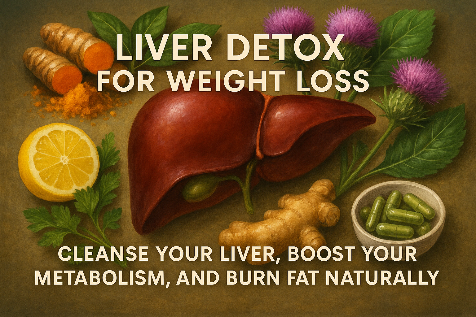 Illustrated liver with detox herbs like turmeric, ginger, lemon, and capsules for liver detox for weight loss