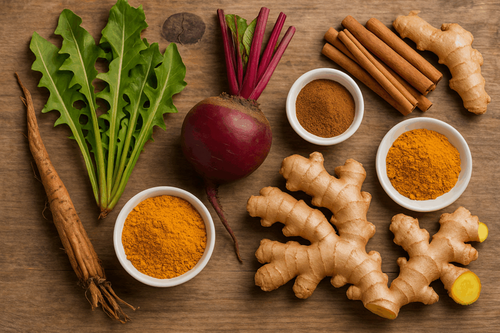 Herbs and roots commonly used in liver detox drinks for natural support.