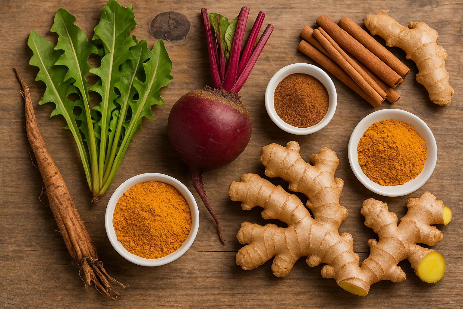 Herbs and roots commonly used in liver detox drinks for natural support.