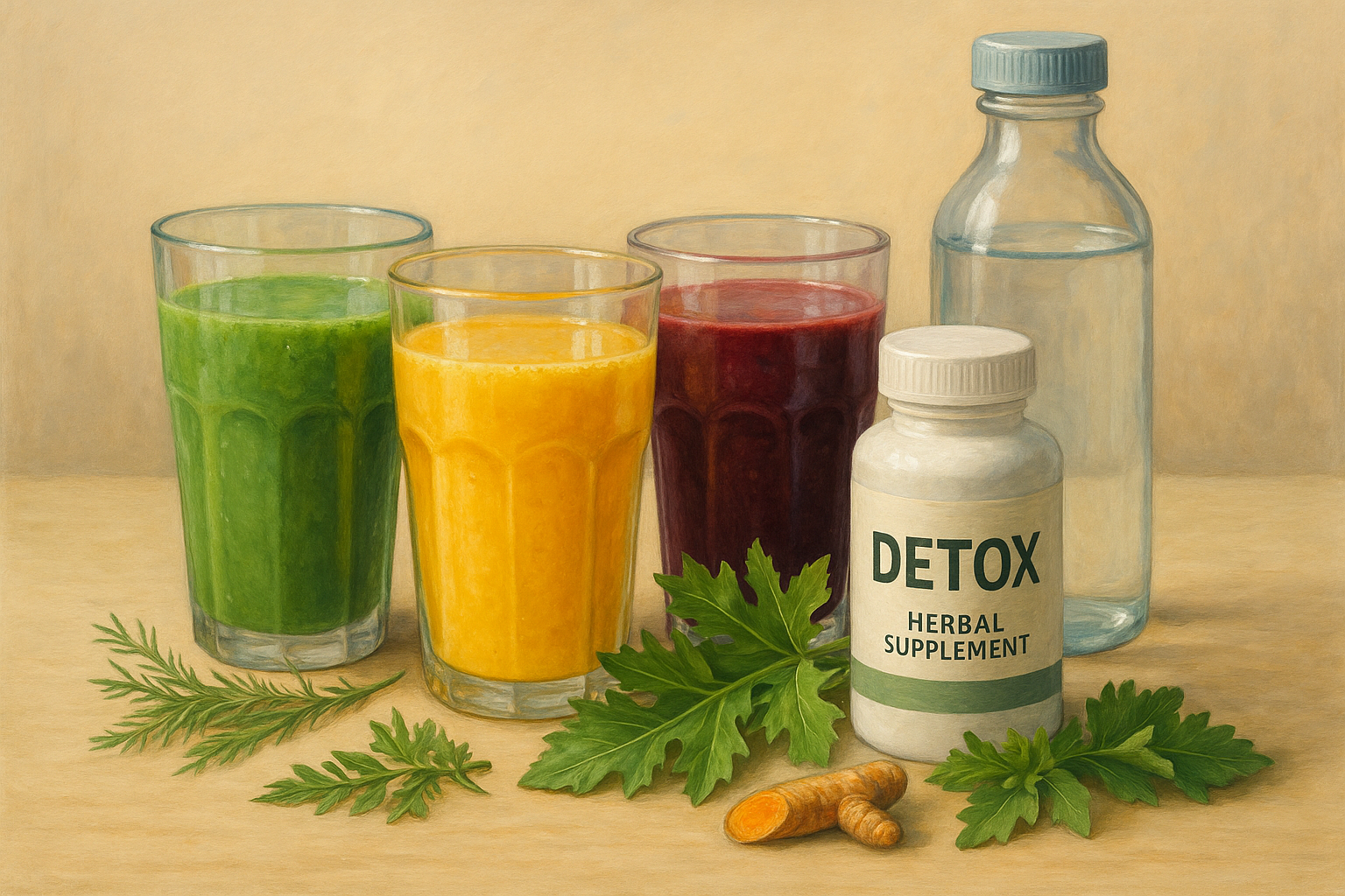 Herbal detox drinks and supplements often used in natural liver detox plans.