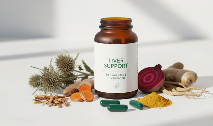 Natural liver detox supplement with milk thistle, turmeric, dandelion root, and beetroot for cleansing and liver support.