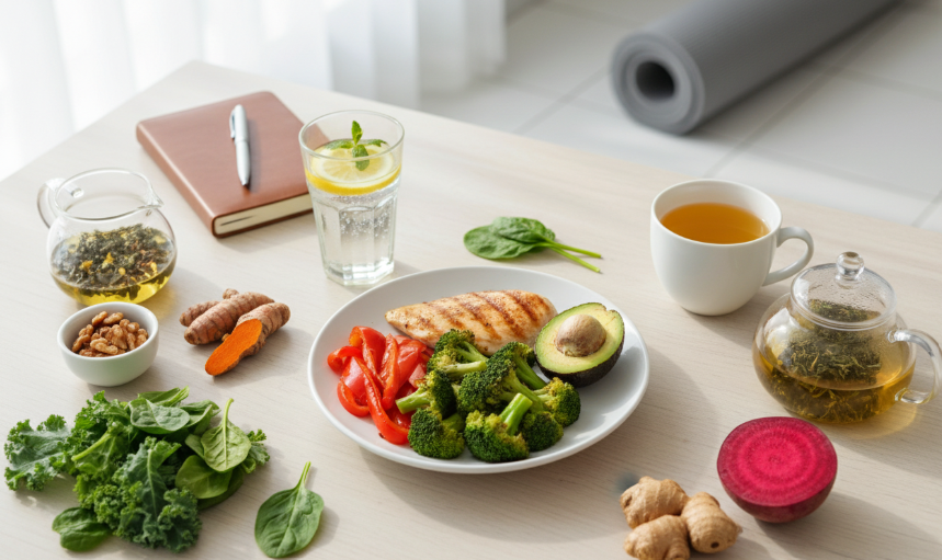 Liver detox meal with veggies, protein, lemon water, and herbs