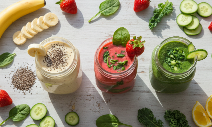 Healthy fat-burning smoothie with banana, spinach, chia seeds, and almond milk for easy weight loss.
