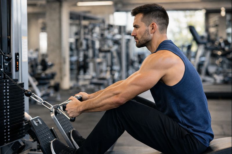 Man performing a back workout for men at the gym safely