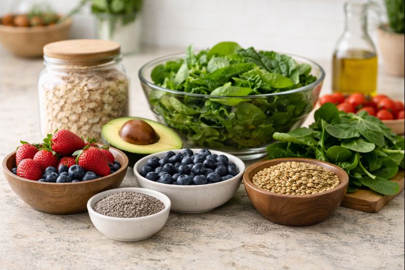 High fiber foods for digestion including oats, vegetables, and seeds