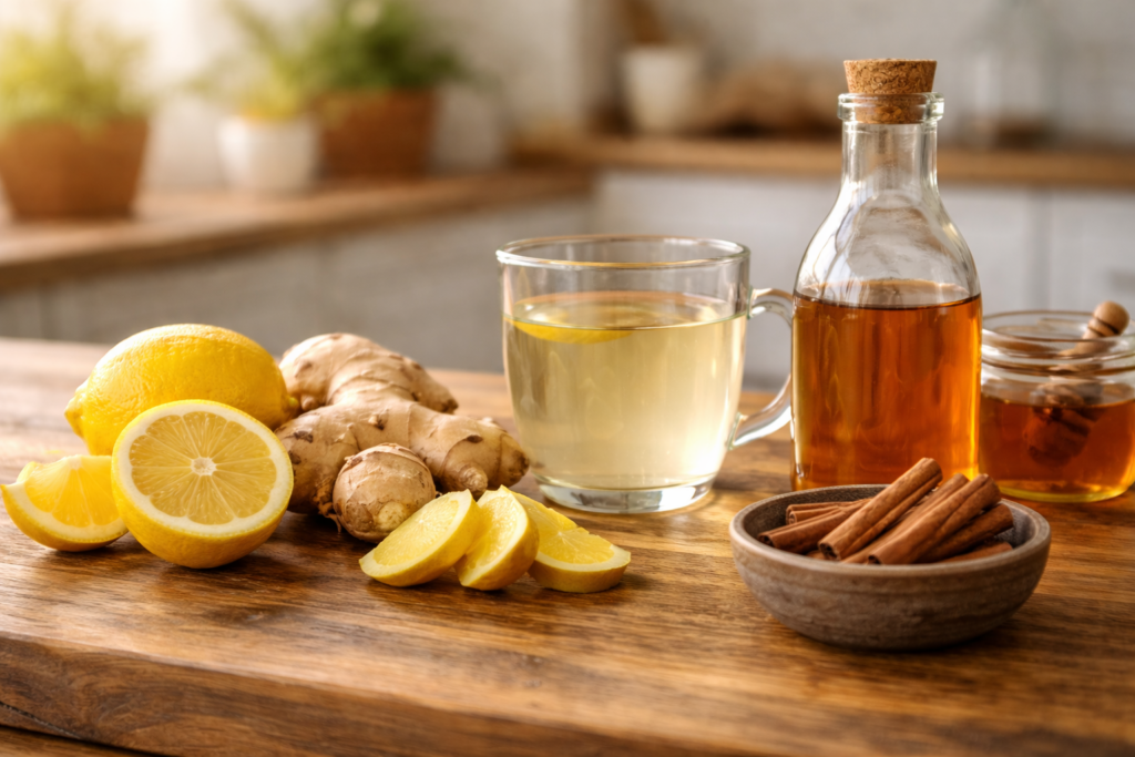 Natural belly fat burner drink with lemon ginger and cinnamon